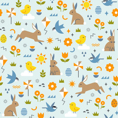 Easter seamless pattern with bunnies, baby chicken, birds, spring flowers, Easter eggs and geometric shapes in blue, orange, yellow and green pastel colours