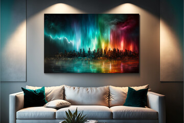 his dynamic nightscape featuring a city skyline lit up with a stunning aurora borealis display, bringing any room to life with its vibrant lights. Generative AI