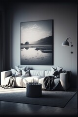a modern, danish, bright living room interior design in pastel colors with a framed print mockup