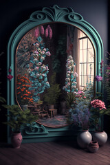 Fototapeta na wymiar Big mirror in flower shop, spring blossom. Generative Ai