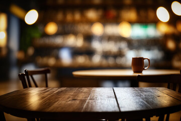 Obraz na płótnie Canvas Selective focus and blurred cafe restaurant with an empty wood table top. To display montage products. Generative AI