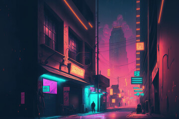 In a cyberpunk metropolis, there is a lovely neon night. Illustration of the futuristic city done in photorealism. neon lit street that is deserted. Generative AI