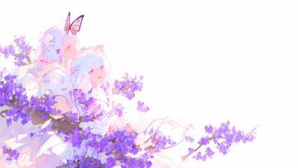Naklejka na ściany i meble Una joven rodeada de ramos de flores y mariposas, IA Generativa