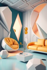 a minimalist, futuristic, colorful living room interior visualization with luxury textures and fresh pastel colors