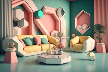 a minimalist, futuristic, colorful living room interior visualization with luxury textures and fresh pastel colors