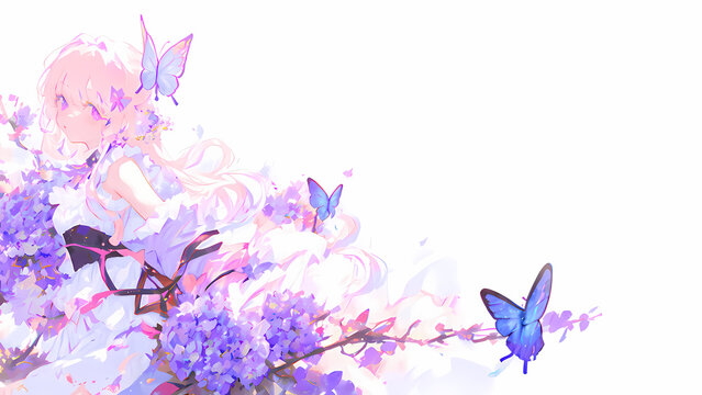 Una joven rodeada de ramos de flores y mariposas, IA Generativa