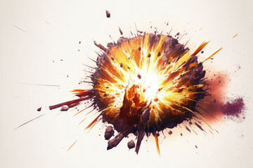 Sparks fly in a realistic fireball explosion against a white background. Generative AI - obrazy, fototapety, plakaty