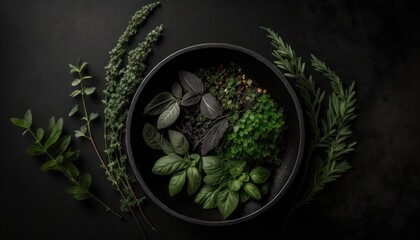 Obraz na płótnie Canvas Mixed herbs in a black bowl.