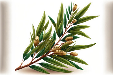 Fototapeta premium Tea tree, Melaleuca twig on white background with dried leaves and seeds. Generative AI