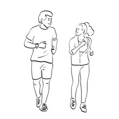 line art running couple jogging training illustration vector hand drawn isolated on white background