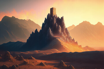 Mountain with a brown concrete tower at the golden hour. Generative AI