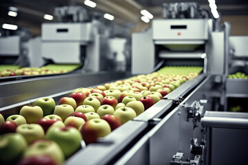 Apples in a food processing facility, clean and fresh, ready for automated packing. Concept for a healthy food company with automated manufacturing of food and fruits. Generative AI - obrazy, fototapety, plakaty