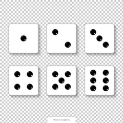 Realistic game dices set with black dots and rounded edges, isolated on transparent background, offers versatile design solutions for casino, craps, poker and tabletop or board games. Vector EPS10.