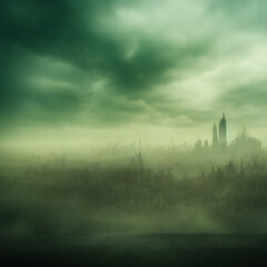 Abstract fictional scary dark wasteland city background thick green mist hides city