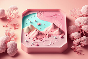 Obraz na płótnie Canvas Pink crystal pure peaceful lake surface seen from above. a pink podium with a froth, bubble, and splashy texture. Spring and summer nature abstract background for mercise. cosmetic mockup in a flat la