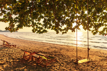 wooden swing hang from a tree on a beach and sunset