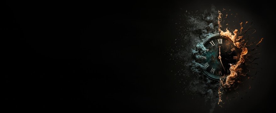 Clock burning, exploding, and disintegrating as time wastes away, generative ai