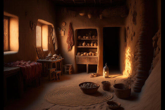 Interior of a traditional Arab mud home. Generative AI