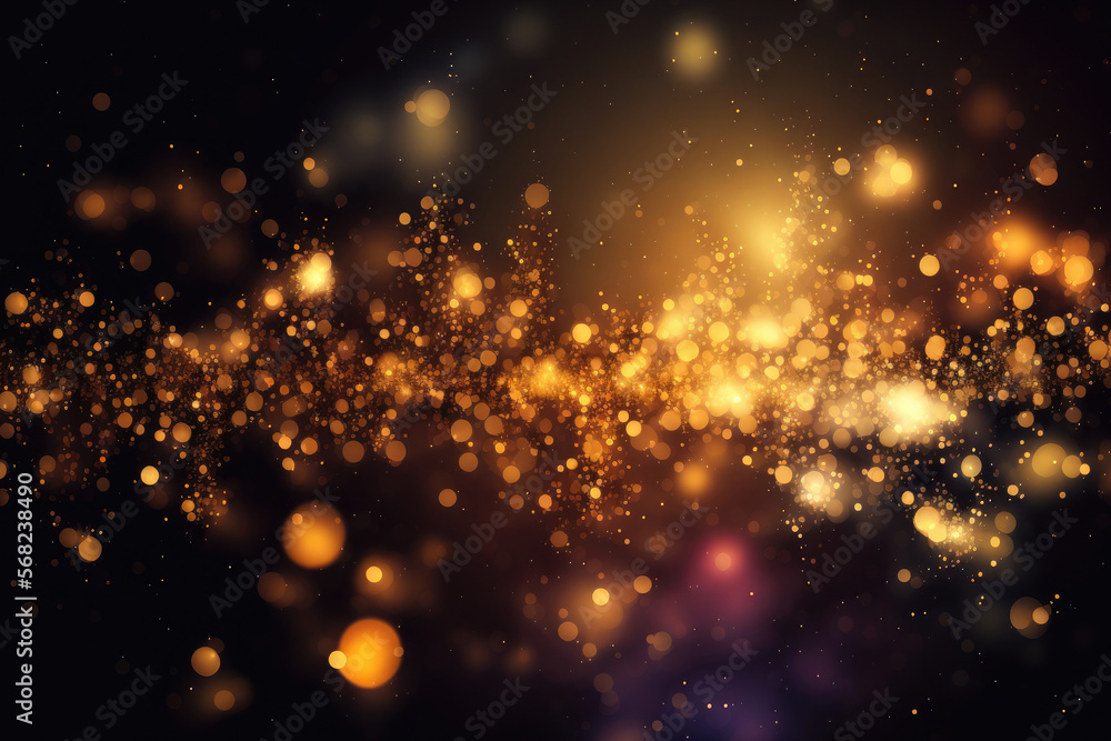 Poster sparkling golden rainbow magic stars bokeh background. with many types glitter special bokeh shapes 