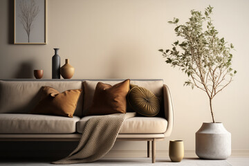 Interior of a living room with a gray sofa, a floor vase, a tree branch, a brass lamp, a coffee table, and a blanket on a plain, warm beige background. a mockup of a wall in earthy tones. Generative