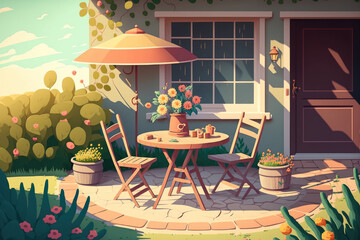 Obraz premium Garden, tables, seats, and a sun hat are all outside the house. Generative AI