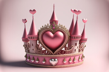 Pink Princess Crown With Heart Jewels for Girls. Generative AI