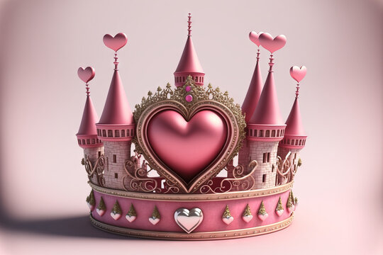 Pink Princess Crown With Heart Jewels for Girls. Generative AI