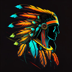 neon colored native american illustration in black background - obrazy, fototapety, plakaty