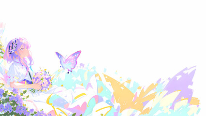 Una hermosa joven parada en un campo de flores y mariposas, IA Generativa - obrazy, fototapety, plakaty