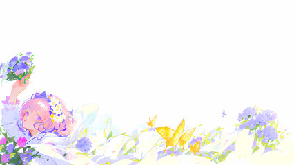 Fototapeta na wymiar Una hermosa joven parada en un campo de flores y mariposas, IA Generativa