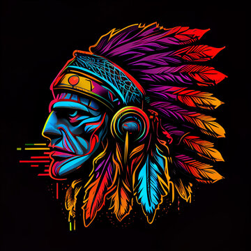 neon colored native american illustration in black background
