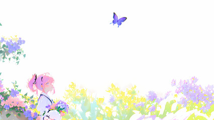 Plakat Una hermosa joven parada en un campo de flores y mariposas, IA Generativa