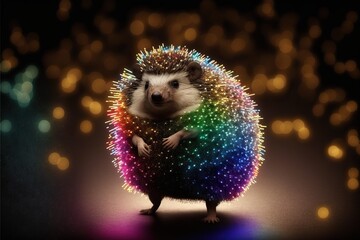 Created with Generative AI technology. Creative happy hedgehog animal in disco clothes dancing on the party.