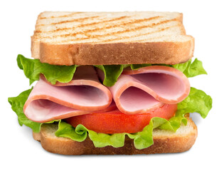 Ham sandwich on brown bread with tomatoes and salad.