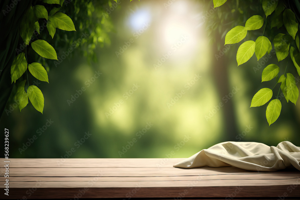 Poster an empty wooden table top with a blurred drape, abstract garden green, and sunlight. key visual layo