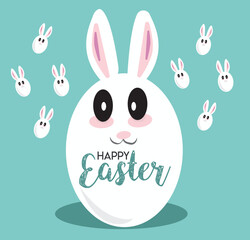 Happy Easter banner, poster, greeting card. Trendy Easter design with typography, bunnies, flowers, eggs, bunny ears, in pastel colors. Modern minimal style