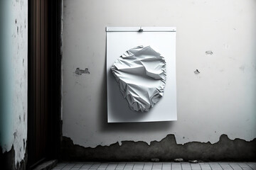 white poster with wrinkles. glued paper mockup a wall with texture and blank wheatpaste. mock up for an empty street art sticker. urban clear glued canvas for advertising. Generative AI