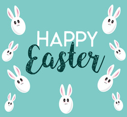 Happy Easter banner, poster, greeting card. Trendy Easter design with typography, bunnies, flowers, eggs, bunny ears, in pastel colors. Modern minimal style