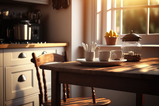 Wooden Breakfast Table In A Bright Kitchen In The Early Morning Light. Generative AI