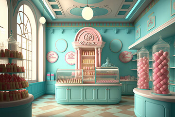 premium candy shop interior in pastel colors with lots of sweet treats, generative Ai