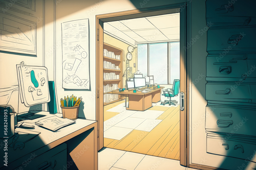 Poster drawing of a lock with an office interior in the background. two fold exposure security of data conc