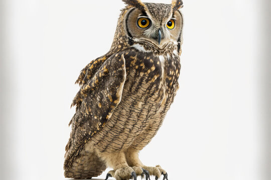 Bubo africanus, a four year old spotted eagle owl, against a white background. Generative AI