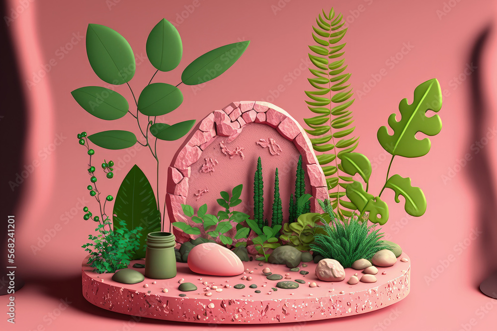 Poster platform for displaying stone goods decorated with greenery on a pink background. generative ai