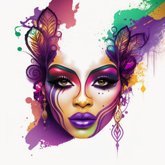 Mardi Gras Mask Illustration, Woman's Face Logo, Colorful Mask, Watercolor. Generative AI
