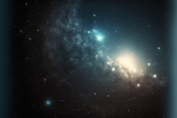 Fototapeta na wymiar Horizontal background of a flare of light in space against a dark starry night sky. Generative AI