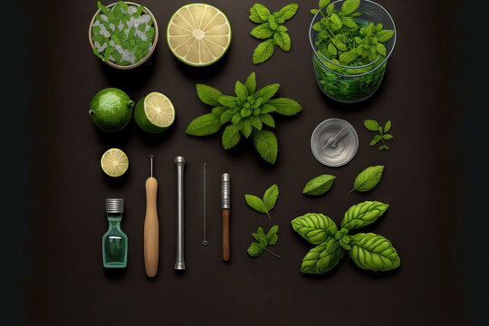 creating mojito cocktails. bar utensils, mint, lime, and ice components. a top view. Generative AI