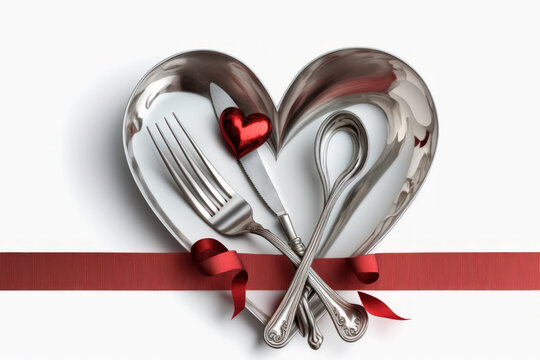 Cutlery in the shape of a heart, tied with red ribbon, is seen isolated on a white backdrop. Valentine's Day supper idea. restaurant celebration party. Generative AI