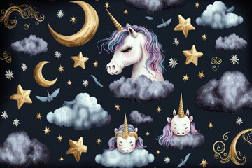 On a dark background, a watercolor seamless pattern with unicorn, clouds, moon, stars, and golden frames can be seen. Generative AI
