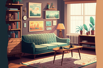 Real photo of a spacious living room interior with a sofa behind a table and next to a shelf, table with chairs in the background. Generative AI