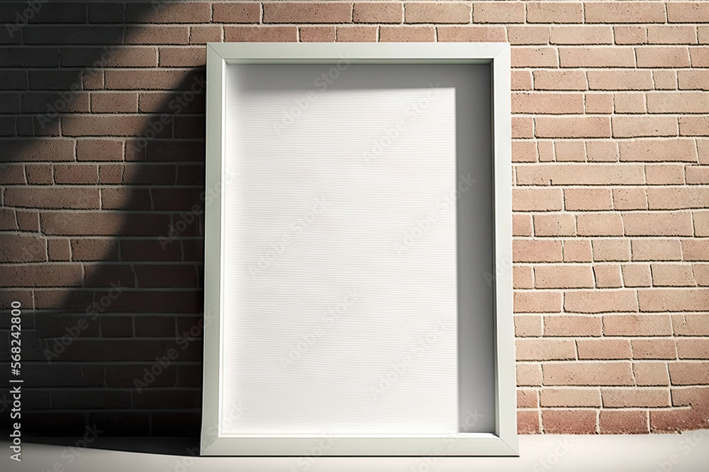 Poster an empty picture frame on the brick wall with shadows on it. mockup pattern for a minimal photo fram